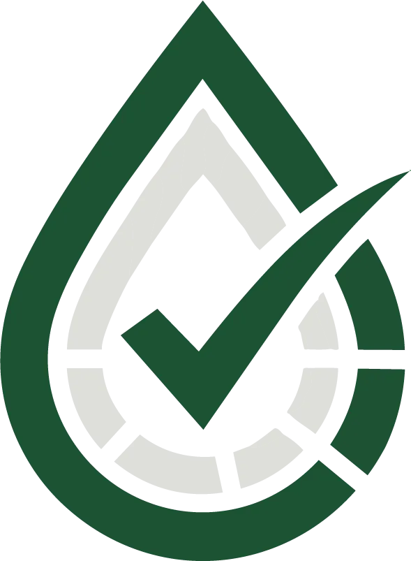 A green and gray droplet logo with a bold checkmark and segmented semicircle at the bottom.
